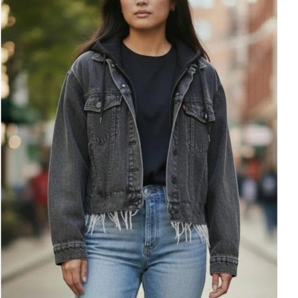 American Eagle Women's Distressed Hooded Denim Jacket - Black